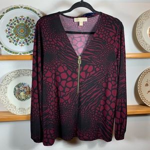 •Michael Kors• {Black & Maroon} V-neck Gold Zip-Down Front. Long Sleeved Blouse